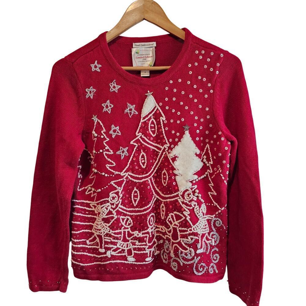 Christmas Sweater Women Small Red Beaded Winter Scene Family Holiday Party Retro